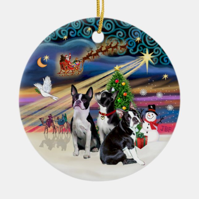 Xmas Magic - Boston Terriers (three) Ceramic Ornament (Front)
