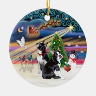 Xmas Magic- Boston Terriers (two) Ceramic Tree Decoration