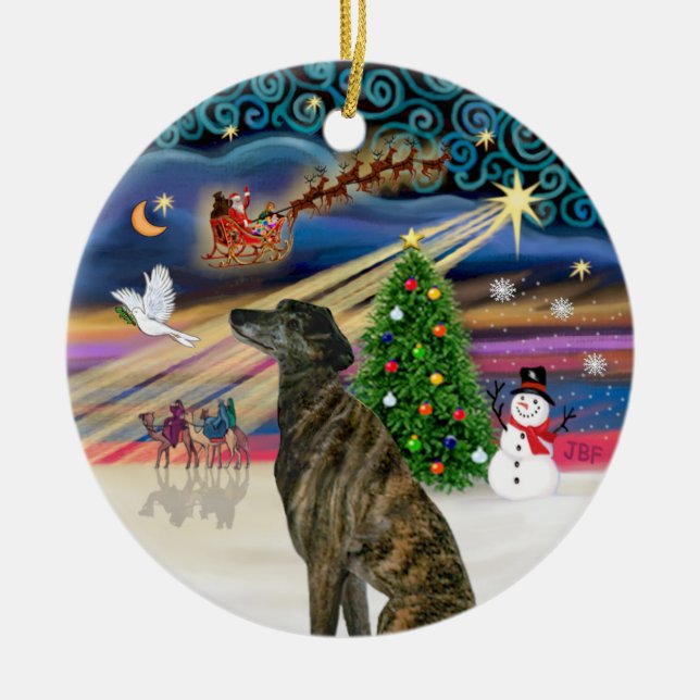 Xmas Magic - Brindle Greyhound Ceramic Tree Decoration (Front)