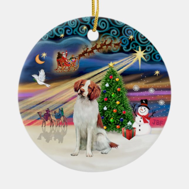 Xmas Magic - Brittany Spaniel Ceramic Ornament (Front)