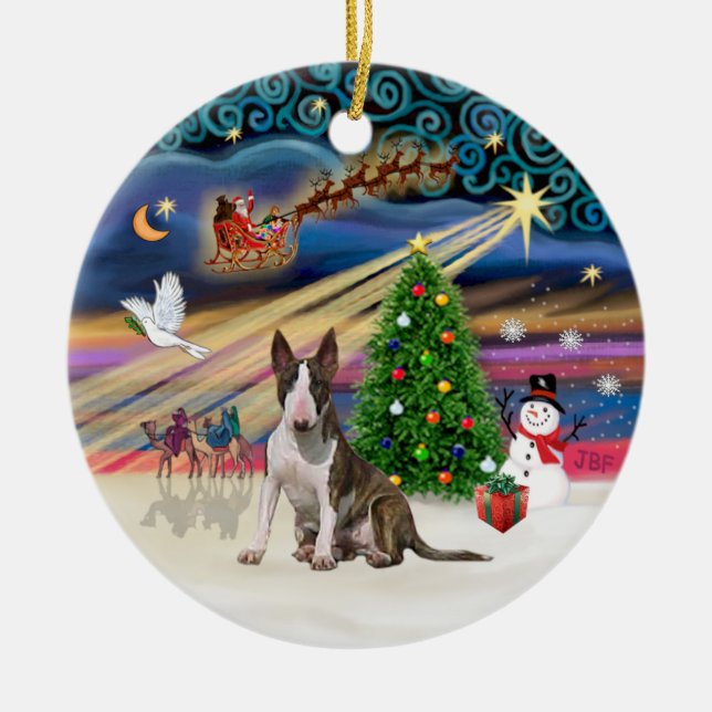 Xmas Magic - Bull Terrier (brindle-white0 Ceramic Tree Decoration (Front)