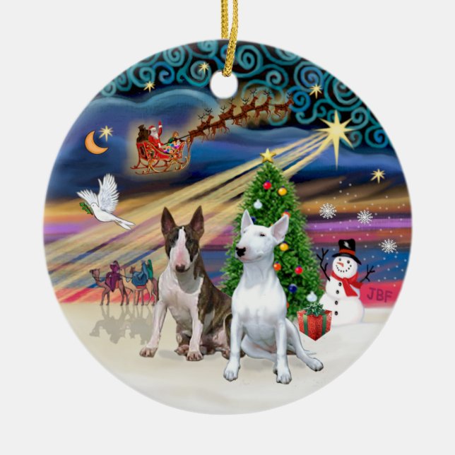 Xmas Magic - Bull Terriers (two) Ceramic Ornament (Front)