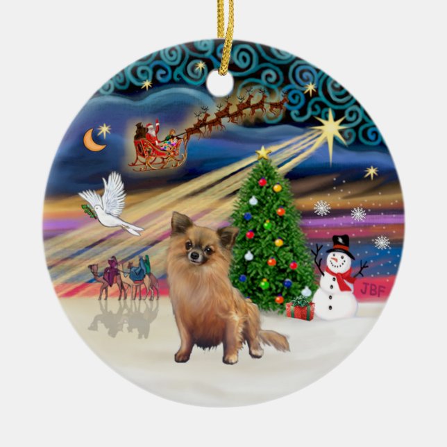 Xmas Magic - Chihuahua (long haired) Ceramic Tree Decoration (Front)