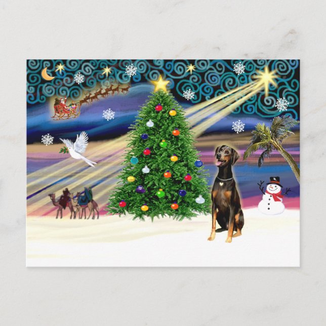 Xmas Magic-Doberman Blk-Natural Holiday Postcard (Front)
