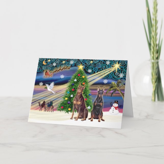 Xmas Magic-Doberman Pair Holiday Card (Front)
