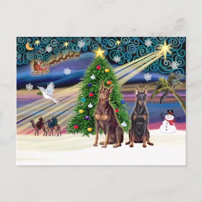 Xmas Magic-Doberman Pair Holiday Postcard (Front)