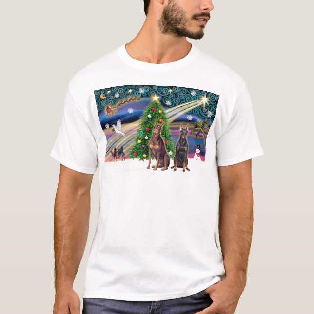 Xmas Magic-Doberman Pair T-Shirt (Front)