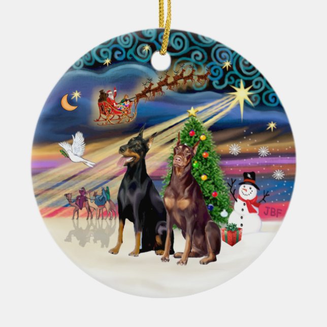 Xmas Magic - Dobermans (TWO-Blk-Red) Ceramic Ornament (Front)