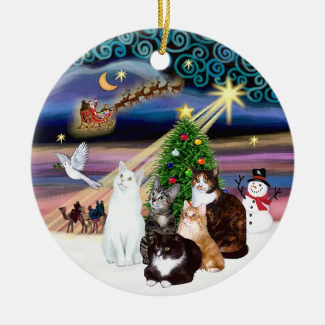Xmas Magic - Five cats (ASH) Ceramic Ornament (Front)