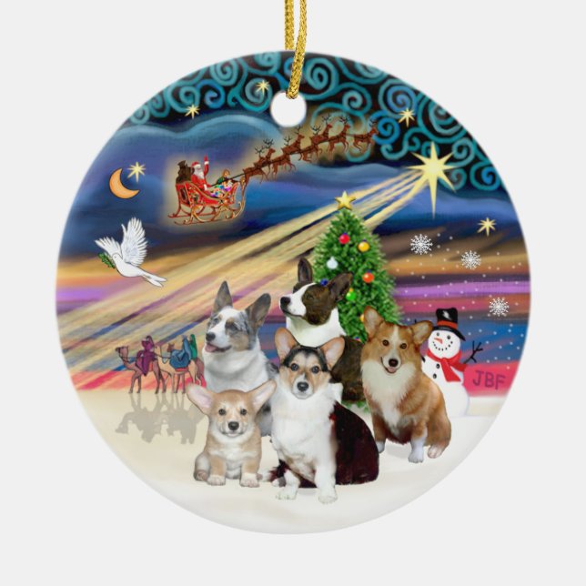 Xmas Magic - Five Welsh Corgis Ceramic Ornament (Front)