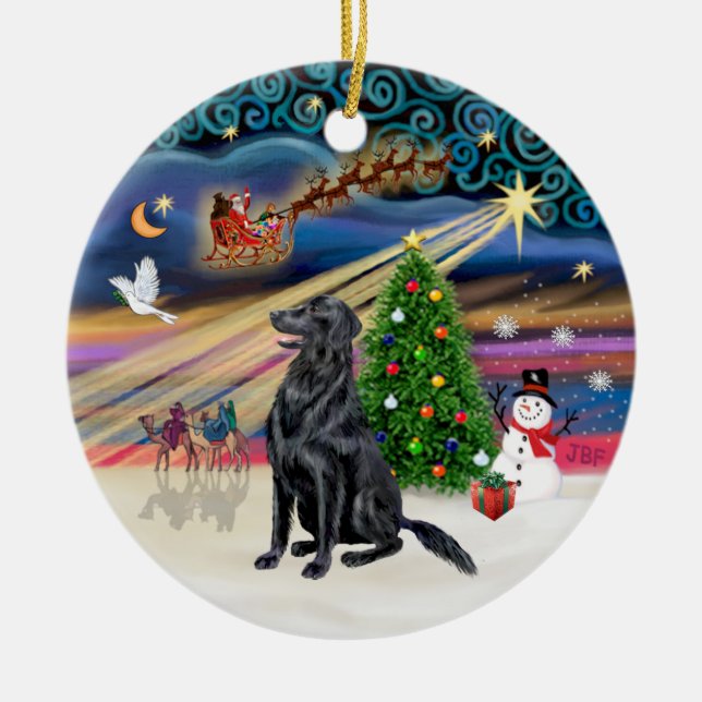 Xmas Magic - Flat Coated Retriever Ceramic Tree Decoration (Front)