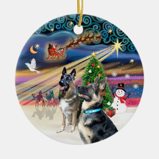 Xmas Magic - German Shepherds (two-2) Ceramic Ornament (Front)