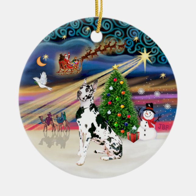 Xmas Magic - Harlequin Great Dane Ceramic Tree Decoration (Front)