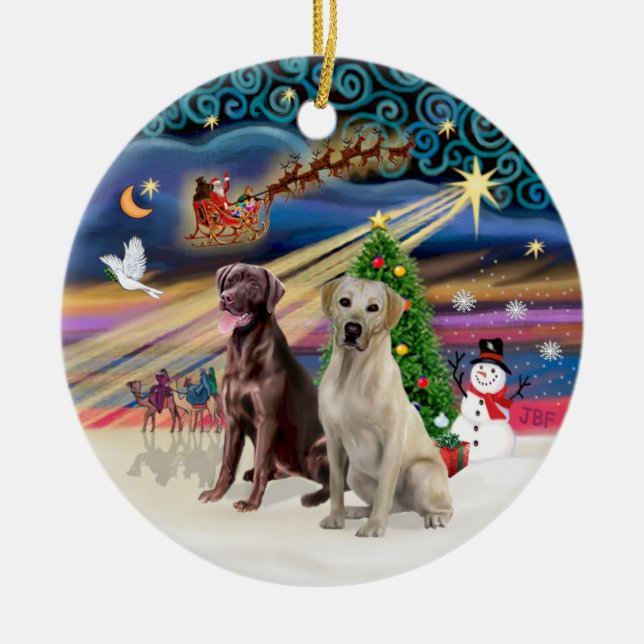 Xmas Magic - Labradors (Choc-Yellow) Ceramic Ornament (Front)