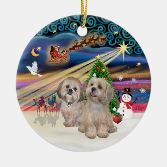 Xmas Magic - Lhasa Apsos (two-R-L) Ceramic Ornament (Front)