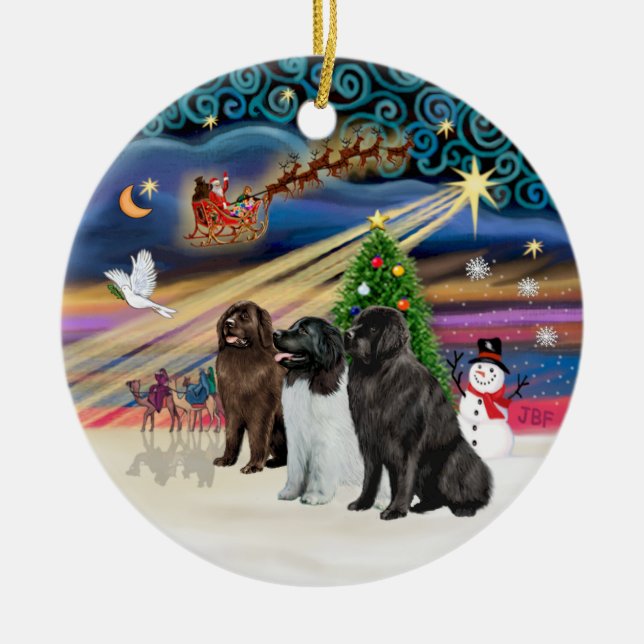 Xmas Magic - Newfoundland (THREE) Ceramic Ornament (Front)