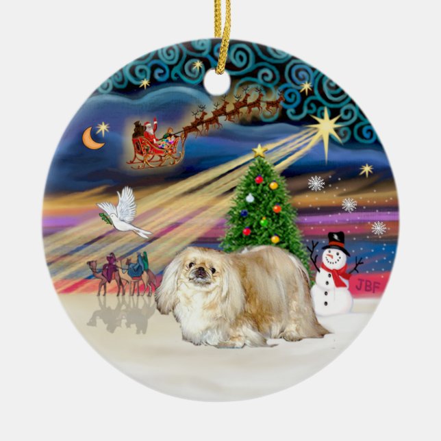 Xmas Magic - Pekingese (cream) Ceramic Tree Decoration (Front)