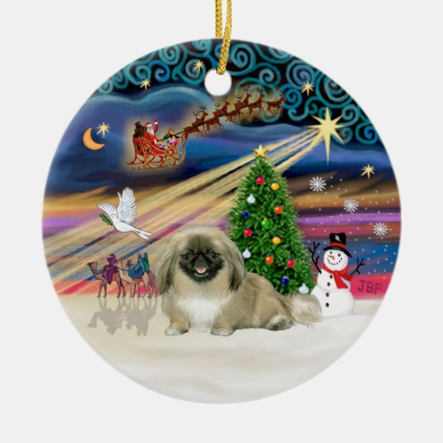 Xmas Magic - Pekingese (light sable) Ceramic Tree Decoration (Front)