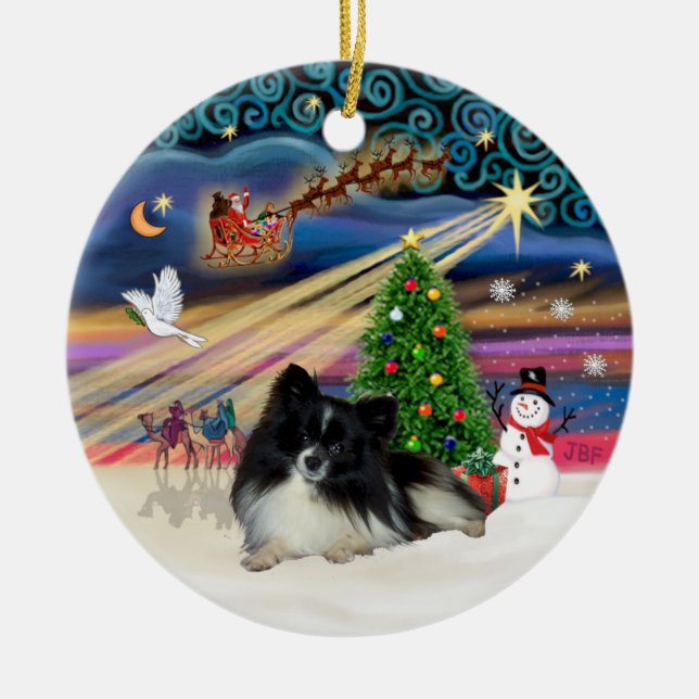 Xmas Magic - Pomeranian (black-white) Ceramic Tree Decoration (Front)