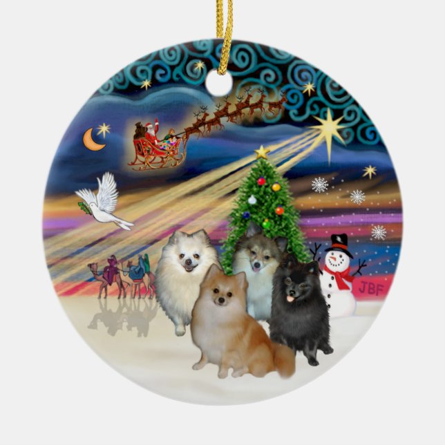 Xmas Magic - Pomeranians (FOUR), Xmas Music - P... Ceramic Ornament (Front)