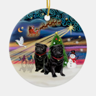 Xmas Magic - Pugs (TWO black) Ceramic Tree Decoration