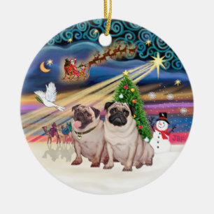 Xmas Magic - Pugs (Two fawn 2) Ceramic Tree Decoration