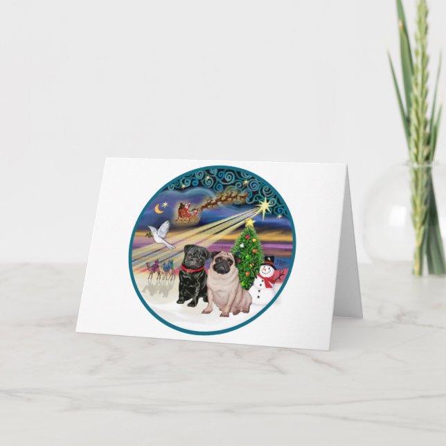 Xmas Magic (R) - Two Pugs (F + B) Holiday Card (Front)