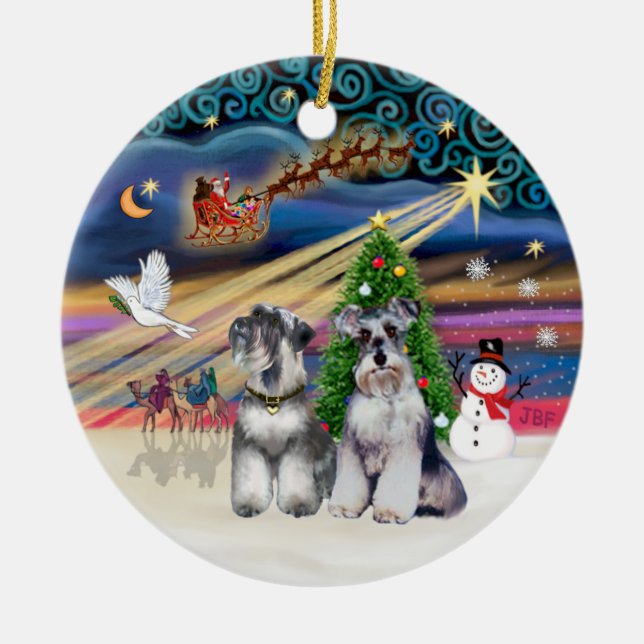 Xmas Magic - Schnauzers (Two) Ceramic Ornament (Front)