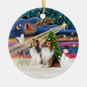 Xmas Magic - Shelties (TWO sable-white) Ceramic Ornament