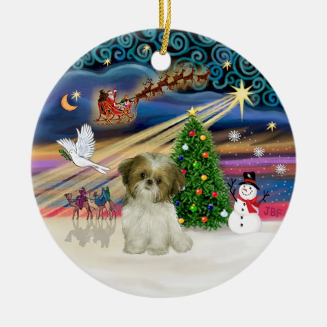 Xmas Magic - Shih Tzu Puppy (brown-white) Ceramic Ornament (Front)