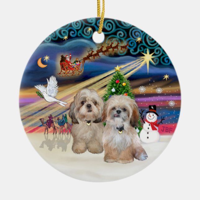 Xmas Magic - Shih Tzu (TWO - P+Y) Ceramic Ornament (Front)