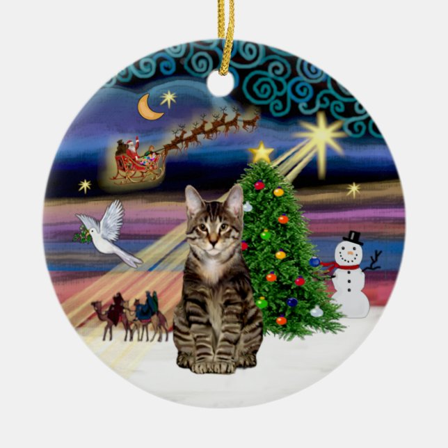 Xmas Magic - Tabby Tiger cat Ceramic Tree Decoration (Front)