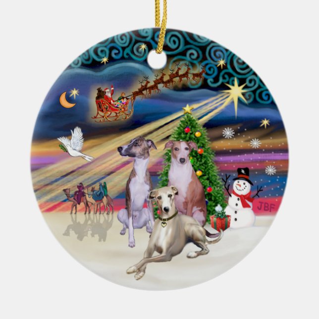 Xmas Magic - Three Whippets Ceramic Ornament (Front)