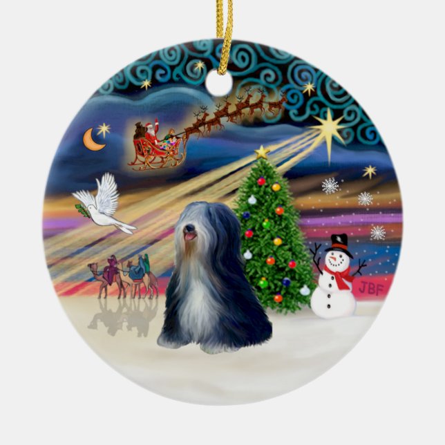 Xmas Magic - Tibetan Terrier (BW) Ceramic Ornament (Front)