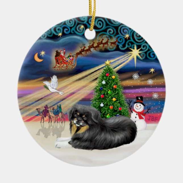 Xmas Magic - TibetanSpaniel (black-tan) Ceramic Tree Decoration (Front)