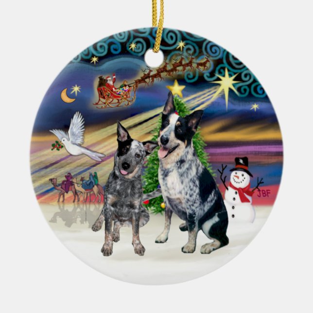 Xmas Magic - Two Australian Cattle Dogs Ceramic Ornament (Front)