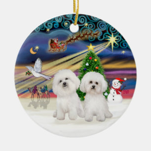 Xmas Magic - Two Bichon Frise Ceramic Ornament