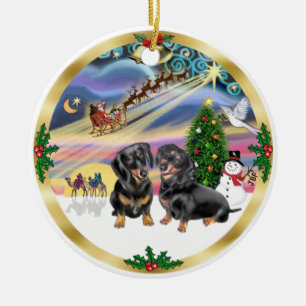Xmas Magic - Two Black Dachshunds Ceramic Tree Decoration