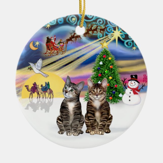 Xmas Magic - Two Brown Tabby cats Ceramic Ornament (Front)