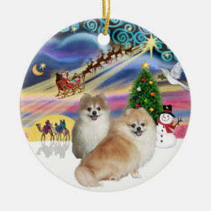 Xmas Magic - Two Pomeranians (WS+fawn) Ceramic Tree Decoration