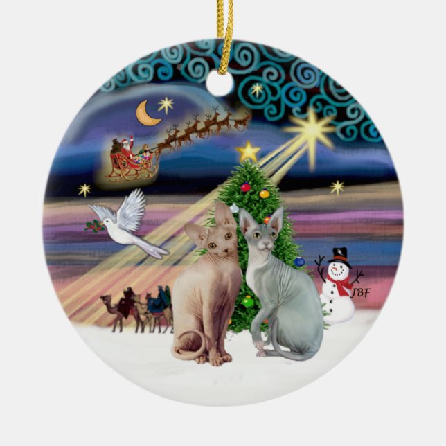 Xmas Magic - Two Sphynx cats Ceramic Tree Decoration (Front)
