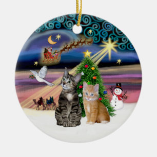 Xmas Magic - Two Tabby cats (#2) Ceramic Tree Decoration