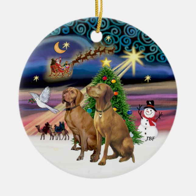 Xmas Magic - Two Vizslas Ceramic Tree Decoration (Front)