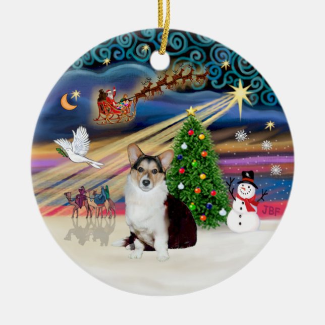 Xmas Magic - Welsh Corgi (tri colour) Ceramic Tree Decoration (Front)