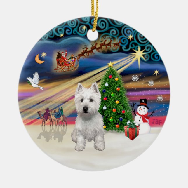 Xmas Magic - Westie (P) Ceramic Tree Decoration (Front)