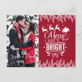 Xmas Merry and Bright Script Gold Pine Photo Invitation Postcard