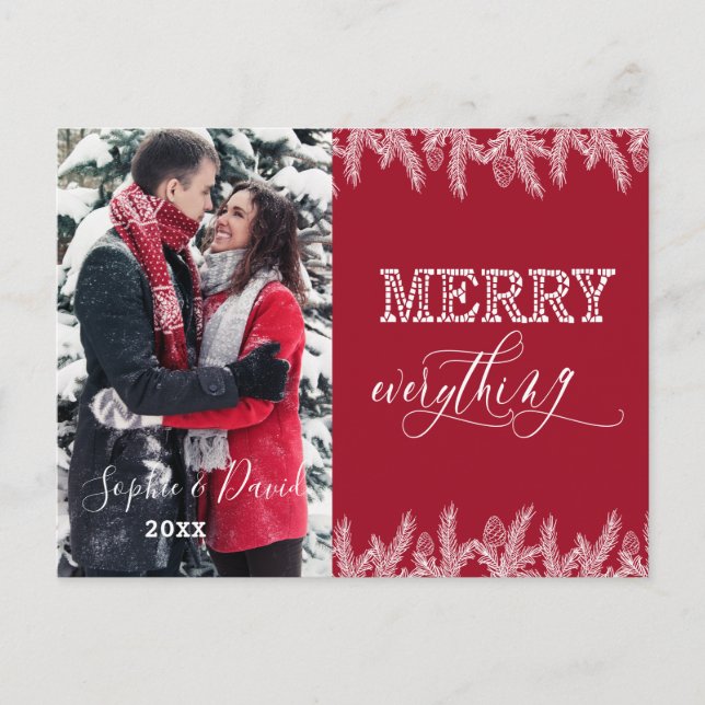 Xmas Merry Everything Typography Gold Pine Photo Invitation Postcard (Front)