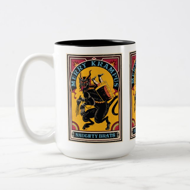 Xmas Merry Krampus Naughty Brats Circus Poster  Two-Tone Coffee Mug (Left)
