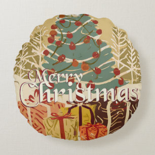 Xmas Motif, with Presents Under the Christmas Tree Round Cushion