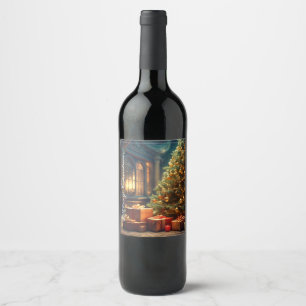 Xmas Motif with Presents Under the Christmas Tree Wine Label